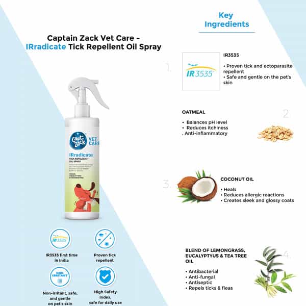Captain Zack Vet Care - Irradicate Tick Repellent Oil Spray For Dogs 250 Ml