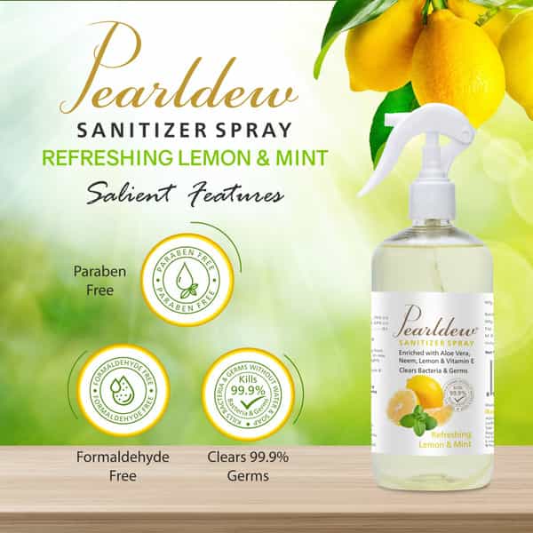 Pearldew Sanitizer Spray (Lemon & Mint) 500 Ml | Aloe & Neem | Paraben Free (Pack Of 4)