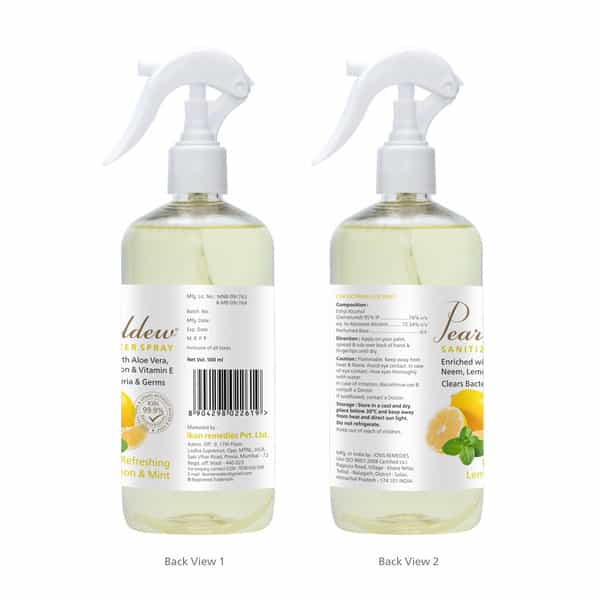 Pearldew Sanitizer Spray (Lemon & Mint) 500 Ml | Aloe & Neem | Paraben Free (Pack Of 4)