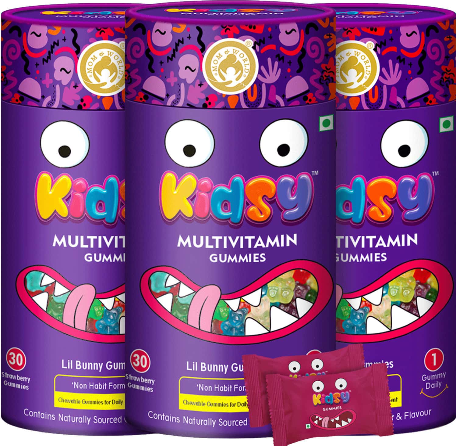Mom & World Kidsy Multivitamin Gummies For Kids-30 (Strawberry) (Pack Of 3)