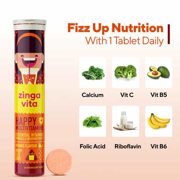 Zingavita Multivitamin For Kids Healthy Growth Immunity Booster 20 Fizzy Tablets Orange