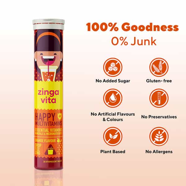 Zingavita Multivitamin For Kids Healthy Growth Immunity Booster 20 Fizzy Tablets Orange