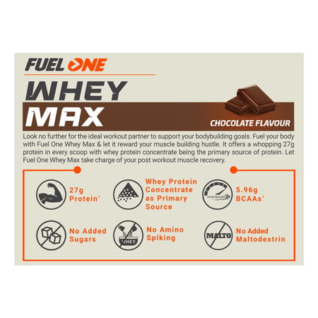 Fuel One Whey Max (Chocolate | 1kg)| Whey Protein Concentrate & Whey Protein Isolate | 27g Protein