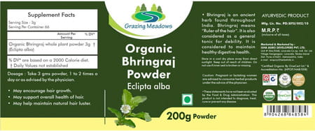 Grazing Meadows Organic Bhringraj Powder 200 Gms For Hair Growth Hair Health (Pack Of 5)
