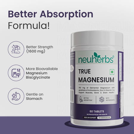 Neuherbs True Magnesium 60 Tablets To Support Muscles | Brain & Bone Health