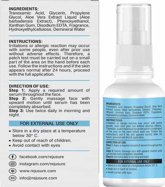Rejusure Tranexamic Acid 2% Face Serum For Hyperpigmentation Uneven Patches & Dark Spots - 30Ml