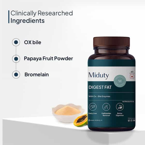 Miduty Digest Fat - Fatty Liver - Gall Bladder- Ox Bile - Pepsin- Fat Metabolism - 60 Capsules
