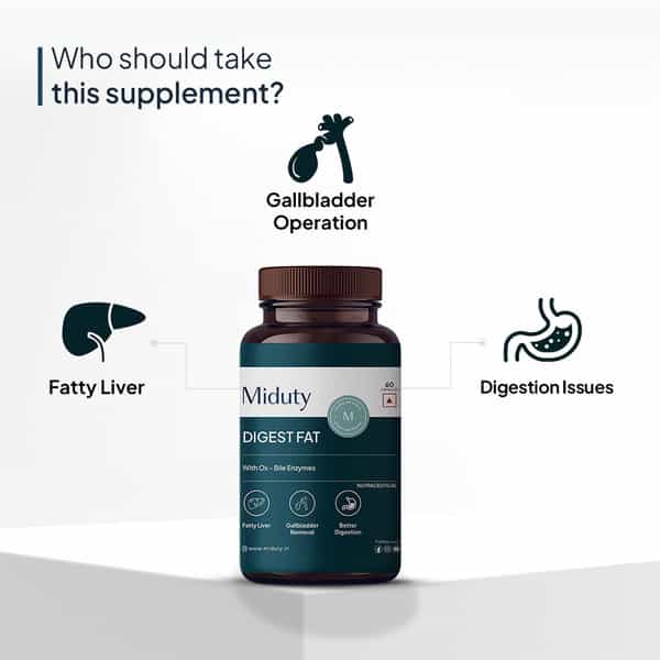 Miduty Digest Fat - Fatty Liver - Gall Bladder- Ox Bile - Pepsin- Fat Metabolism - 60 Capsules