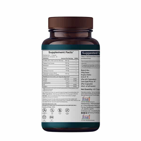 Miduty Digest Fat - Fatty Liver - Gall Bladder- Ox Bile - Pepsin- Fat Metabolism - 60 Capsules