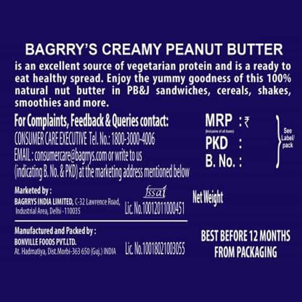 Bagrry's Natural Peanut Butter Creamy- 1Kg Jar