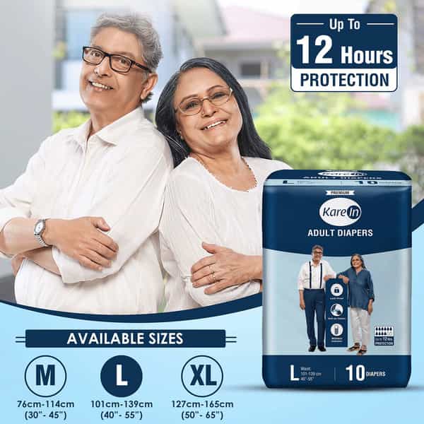 Kare In Premium Adult Diapers Large Waist 101-139 Cm (40"-55") Tape Style Wetness Indicator 10 Count