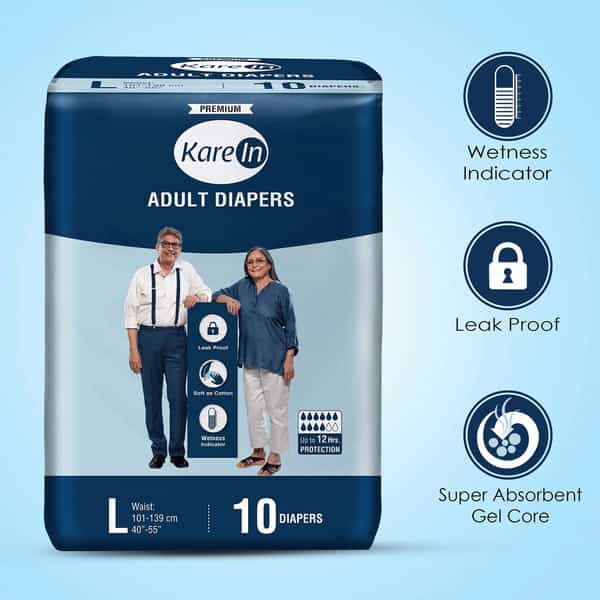 Kare In Premium Adult Diapers Large Waist 101-139 Cm (40"-55") Tape Style Wetness Indicator 10 Count