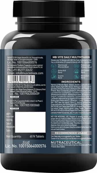 Muscleblaze Mb-Vite Daily Multivitamin (60 Tablets) | With 51 Ingredients & 6 Blends | Recovery