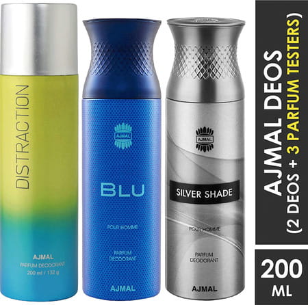 Ajmal 1 Distraction For Unisex 1 Blu Homme For Men & 1 Silvershade For Men Deo Each 200ml Pack Of 3