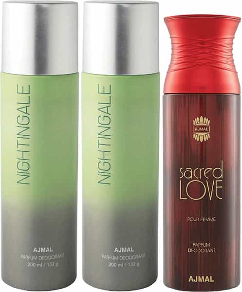 Ajmal 2 Nightingale For Men & Women & 1 Sacred Love For Women Deodorants Each 200Ml Combo Pack Of 3