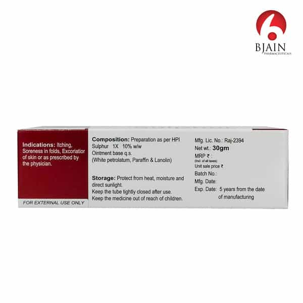 Bjain Omeo Sulphur Ointment | Homeopathic Support For Skin Irritations . Rashes & Itching - 30Gm
