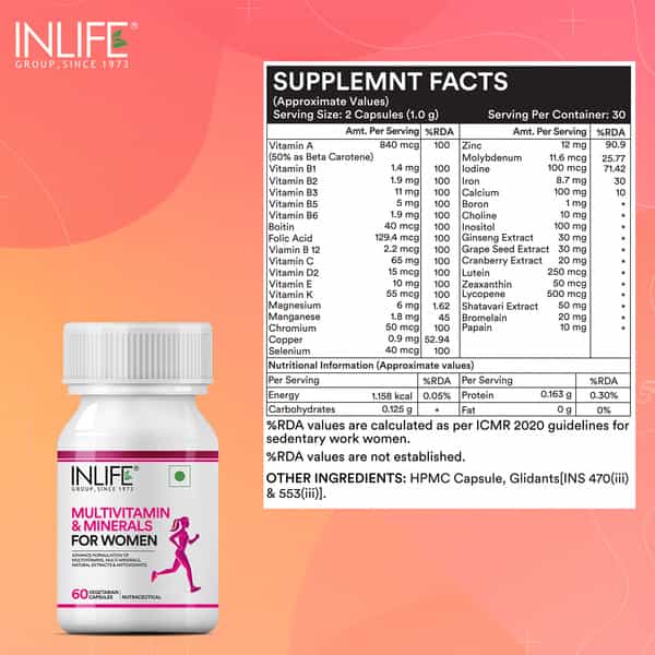 Inlife Multivitamins & Minerals Antioxidants For Women Daily Vitamins Supplement - 60 Capsules