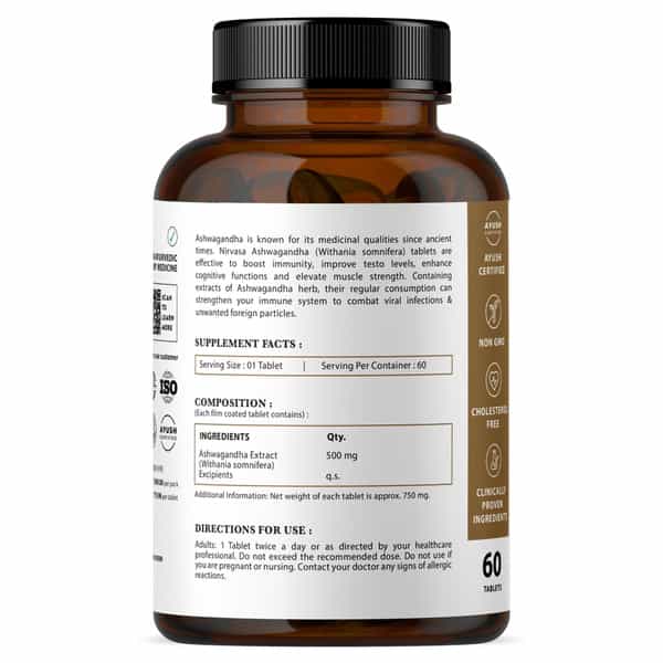 Nirvasa Ashwagandha Tablets | For Better Immunity | Energy & Endurance In Men & Women (60 Tablets)
