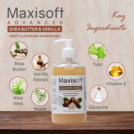 Maxisoft Advanced Deep Cleansing Handwash | Shea Butter & Vanilla | 500 Ml | Pack Of 4