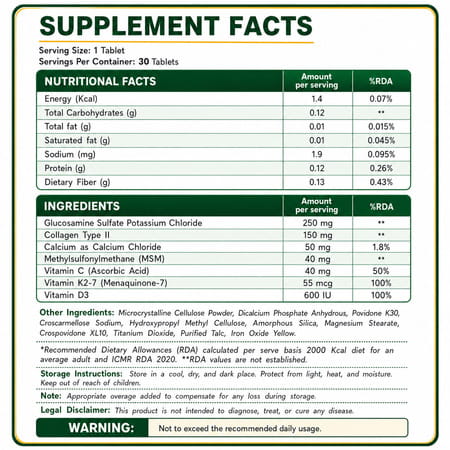 Aora Collacose Bone Support Tablets | Calcium | Collagen & Joint Nutrition Formula | 30 Tablets