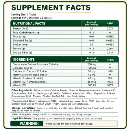 Aora Collacose Bone Support Tablets | Calcium | Collagen & Joint Nutrition Formula | 30 Tablets