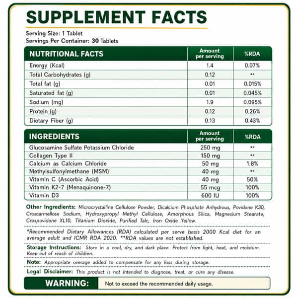 Aora Collacose Bone Support Tablets | Calcium | Collagen & Joint Nutrition Formula | 30 Tablets