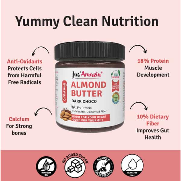 Jus Amazin Creamy Almond Butter Dark Chocolate (200G) |Clean Nutrition|86% Almonds|No Refined Sugar