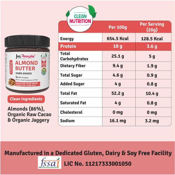 Jus Amazin Creamy Almond Butter Dark Chocolate (200G) |Clean Nutrition|86% Almonds|No Refined Sugar