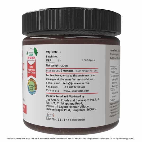 Jus Amazin Creamy Almond Butter Dark Chocolate (200G) |Clean Nutrition|86% Almonds|No Refined Sugar