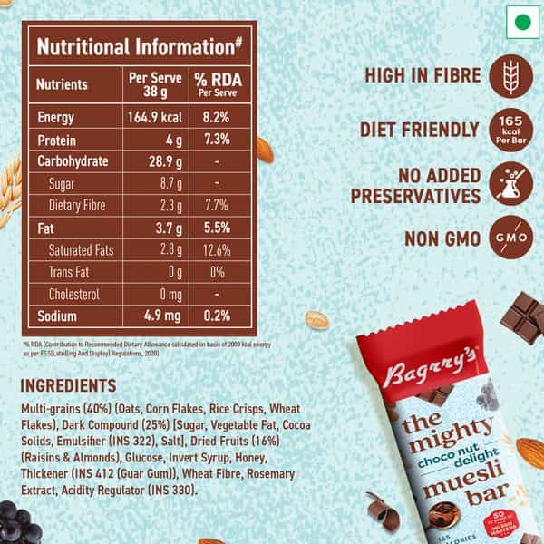Bagrry's Choco Nut Delight Muesli Bar 38G X 6 Bars - Box