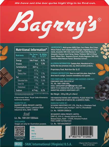 Bagrry's Choco Nut Delight Muesli Bar 38G X 6 Bars - Box
