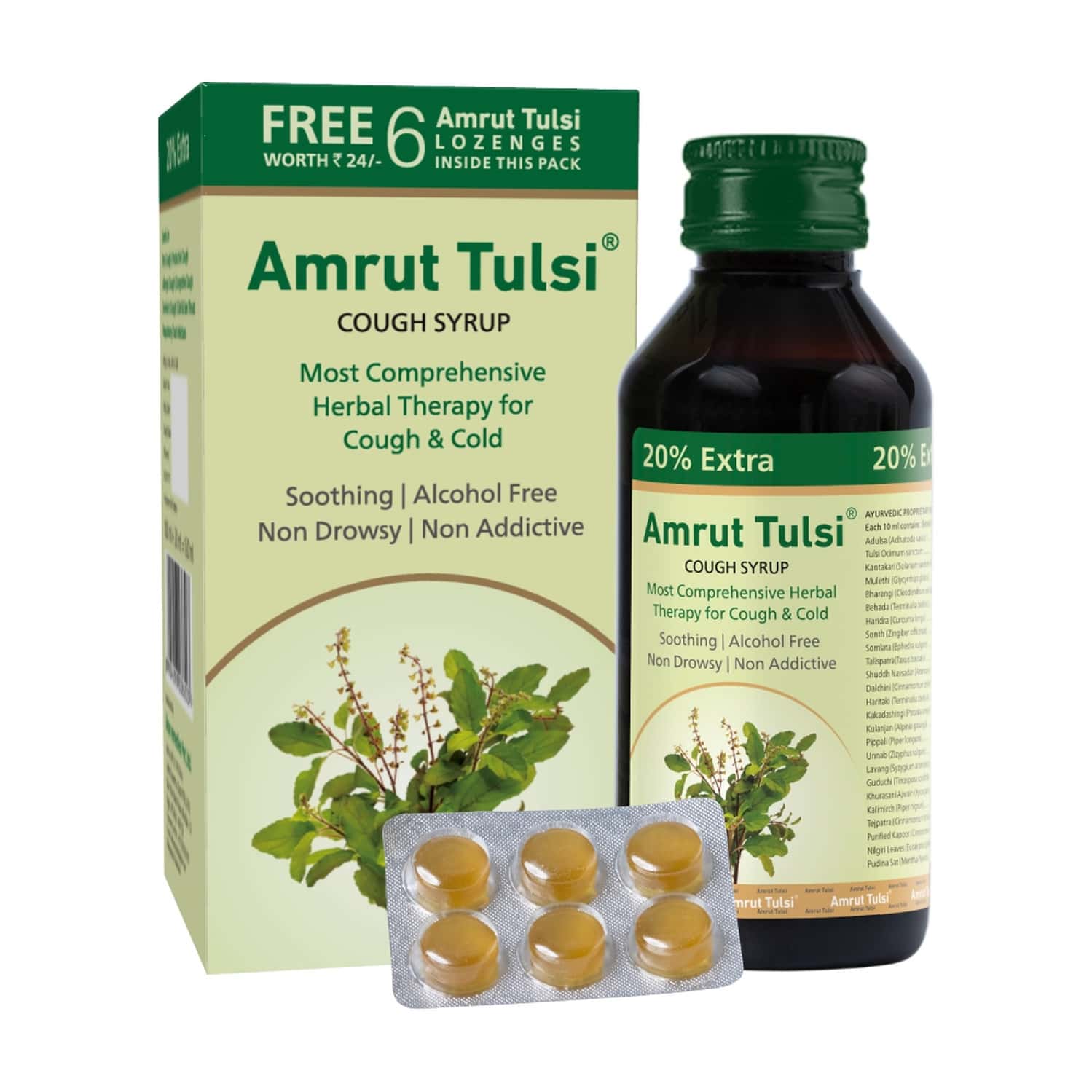 Amrut Tulsi Herbal Cough Syrup With 6 Tulsi Lozenges | Cough | Cold & Throat Care| 120 Ml