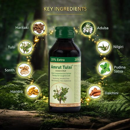 Amrut Tulsi Herbal Cough Syrup With 6 Tulsi Lozenges | Cough | Cold & Throat Care| 120 Ml