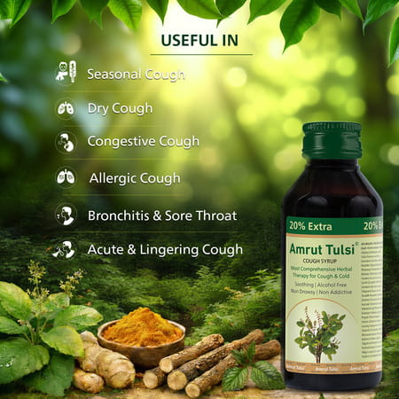 Amrut Tulsi Herbal Cough Syrup With 6 Tulsi Lozenges | Cough | Cold & Throat Care| 120 Ml