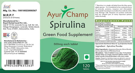Ayur Champ Spirulina Tablets Green Food Supplement 500mg 120 Tablets