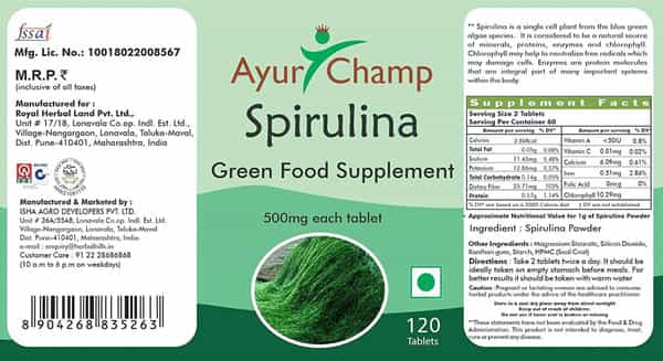 Ayur Champ Spirulina Tablets Green Food Supplement 500Mg 120 Tablets
