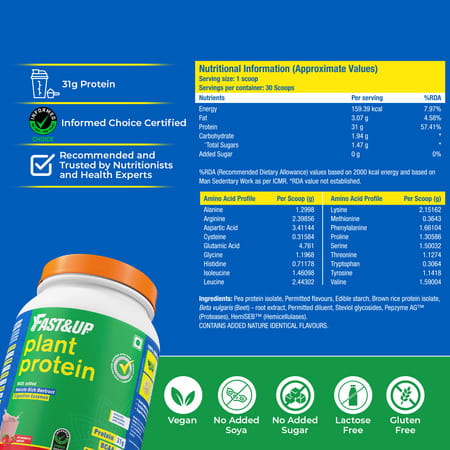 Fast&Up Vegan Plant Protein 31g Protein - Pea Isolate & Brown Rice Protein Blend (Strawberry)
