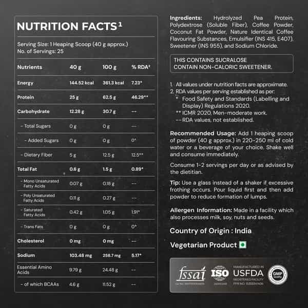 Nutrabay Gold Pea Protein Powder | 25G Protein | 4.6G Bcaa | 5G Fiber | Cold Coffee Flavour - 1Kg