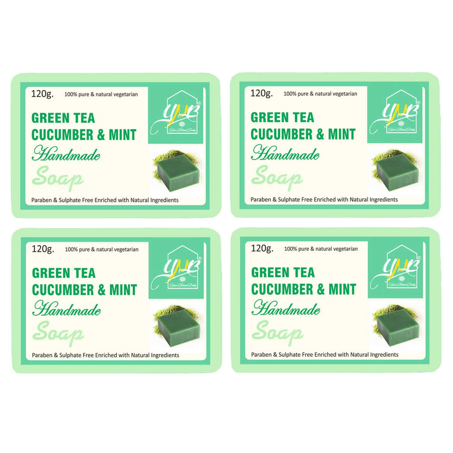 Ynb Yours Natural Buddy Organic Greentea | Cucumber & Mint Handmade Soap 120g (pack Of 4)