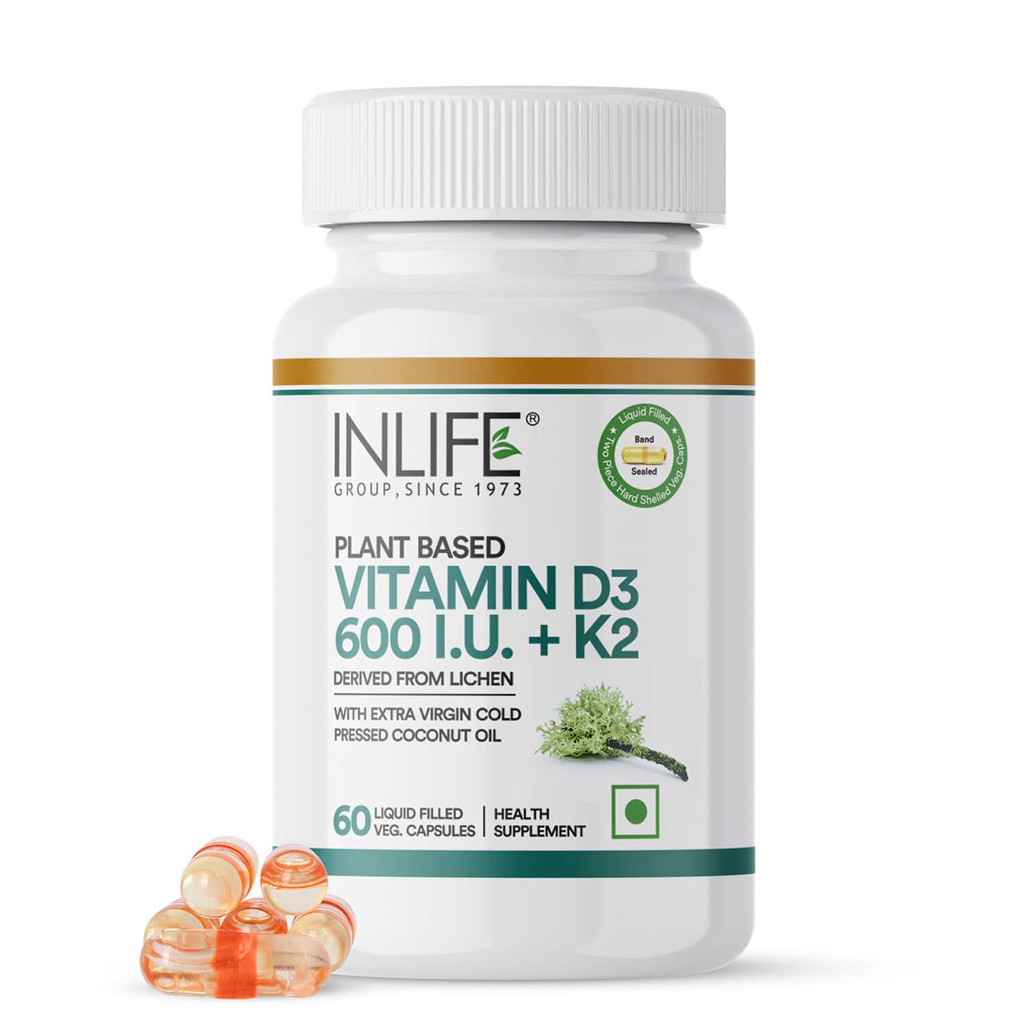 Inlife Plant Based Vegan Vitamin D3 K2 Supplement For Bone Health &immune Support-60 Vegan Capsules