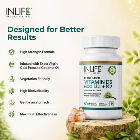 Inlife Plant Based Vegan Vitamin D3 K2 Supplement For Bone Health &Immune Support-60 Vegan Capsules