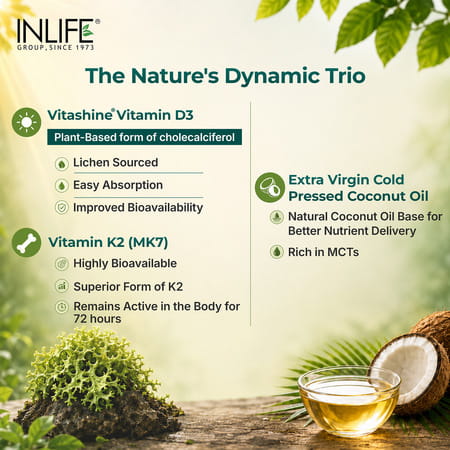 Inlife Plant Based Vegan Vitamin D3 K2 Supplement For Bone Health &Immune Support-60 Vegan Capsules