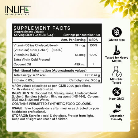 Inlife Plant Based Vegan Vitamin D3 K2 Supplement For Bone Health &Immune Support-60 Vegan Capsules