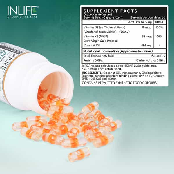 Inlife Plant Based Vegan Vitamin D3 K2 Supplement For Bone Health &Immune Support-60 Vegan Capsules