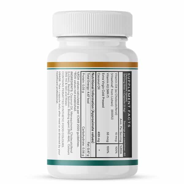 Inlife Plant Based Vegan Vitamin D3 K2 Supplement For Bone Health &Immune Support-60 Vegan Capsules