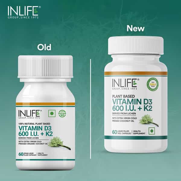 Inlife Plant Based Vegan Vitamin D3 K2 Supplement For Bone Health &Immune Support-60 Vegan Capsules