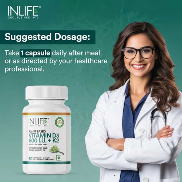 Inlife Plant Based Vegan Vitamin D3 K2 Supplement For Bone Health &Immune Support-60 Vegan Capsules