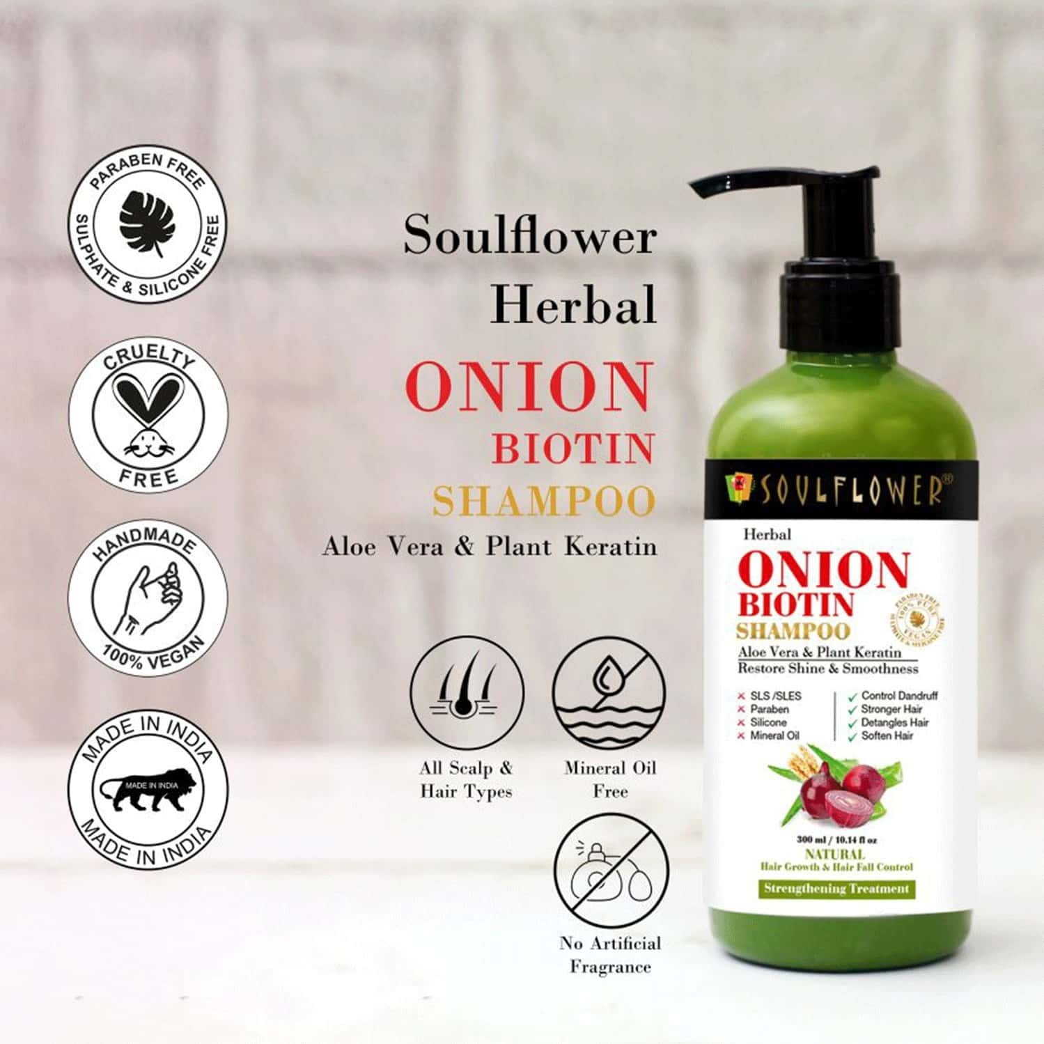 Soulflower Onion Biotin Shampoo With Aloevera & Plant Keratin Restore Shine & Smoothness 300ml