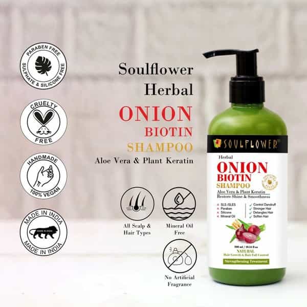 Soulflower Onion Biotin Shampoo With Aloevera & Plant Keratin Restore Shine & Smoothness 300Ml