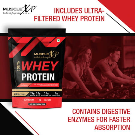 Musclexp 100% Whey Protein With Whey Protein Isolate Blend Fruit Berry Flavour 1kg Pouch (2.2 Lb)